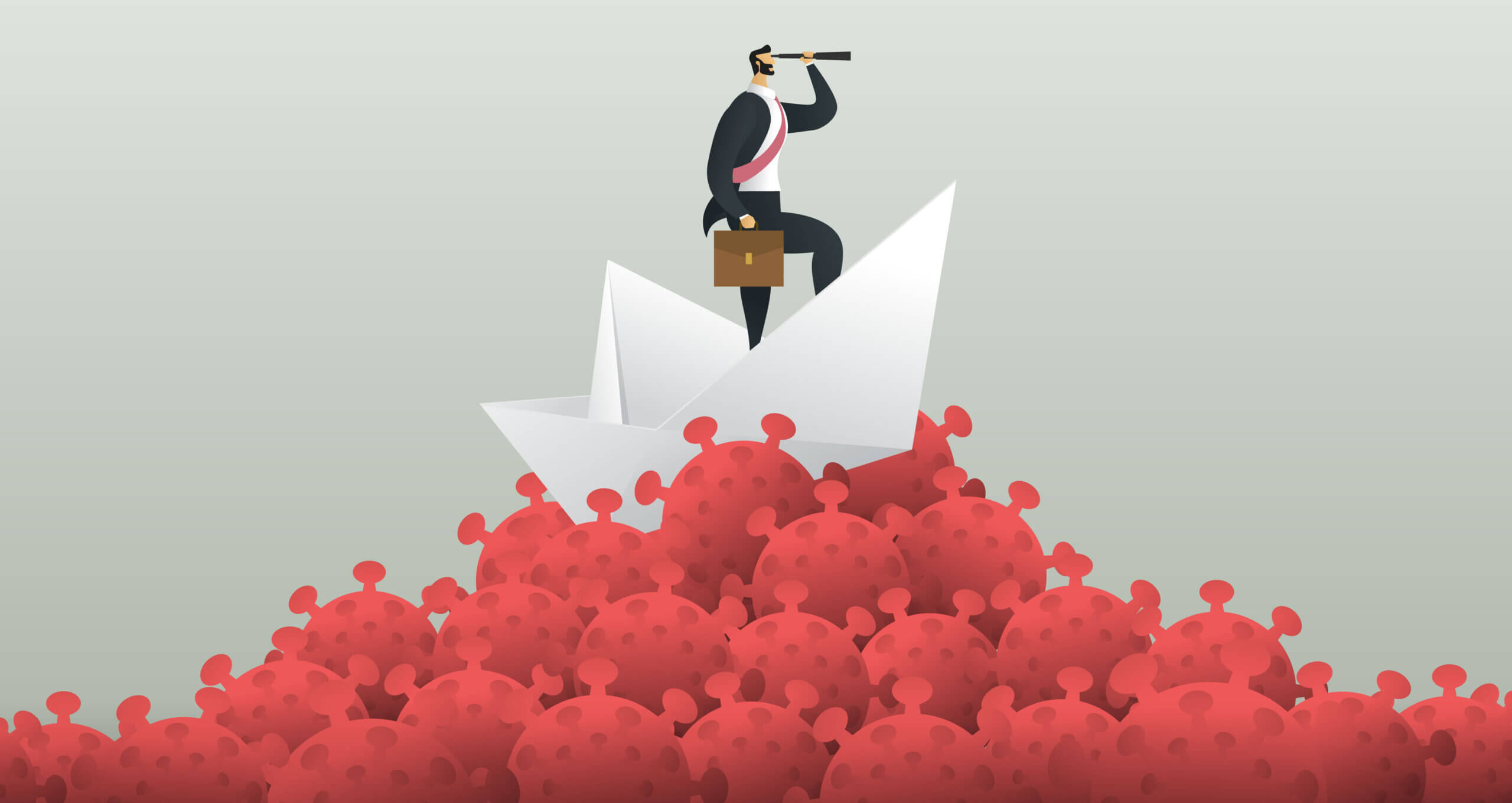 Illustration of a businessperson using a spyglass while sailing on a paper boat atop a sea of red coronavirus structures.