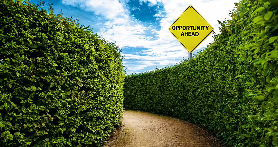 A dirt path surrounded by tall green hedges under a bright blue sky with scattered clouds. A yellow road sign with the words 'OPPORTUNITY AHEAD' is prominently displayed along the path.