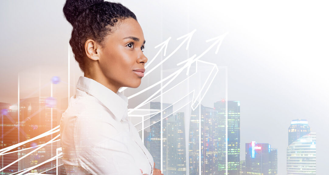 A confident businesswoman, set against a backdrop of skyscrapers, stands with her arms crossed, looking forward with determination. White arrows pointing upward overlay the image, symbolizing the growth of AI tools.
