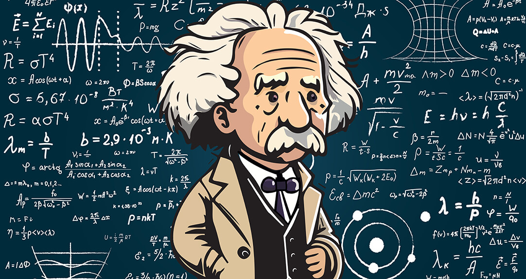 A cartoon-style illustration of Albert Einstein in front of a background filled with a variety of complex mathematical equations, scientific symbols, and graphs.