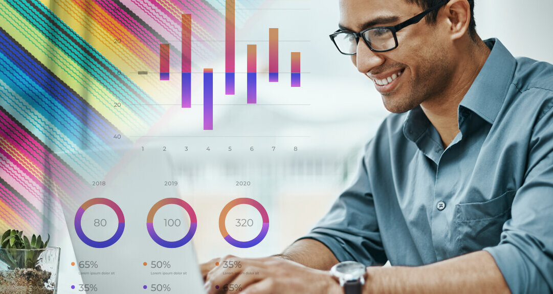 A male Hispanic actuary types on a laptop. A colorful overlay of charts and graphs is in the foreground.