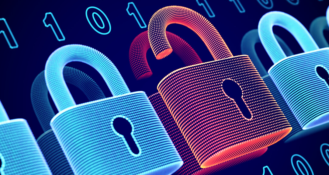 This image shows a series of digital padlocks, some locked and some unlocked, with binary code (1s and 0s) in the background.