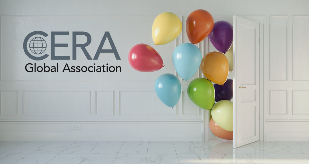 Door opening into a room and multicolored balloons entering. CERA Global Association insignia appears on the wall.