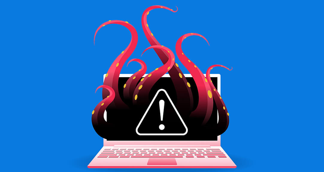 An illustration of a laptop with red, octopus-like tentacles emerging from the screen along with a warning sign to signify cyber risks sits against a solid blue backdrop.