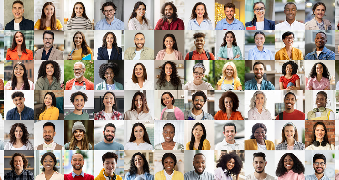 A vibrant collage of diverse individuals smiling warmly, arranged in a grid format.