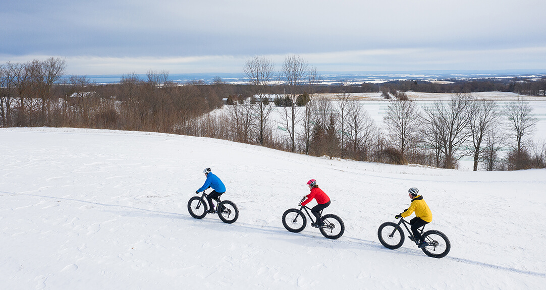 A group of three friends wearing blue, red and yellow winter jackets ride their fat bikes across a snowy field.