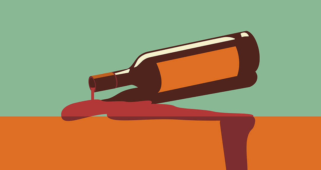 A retro style illustration shows a bottle of wine spilling on a table.