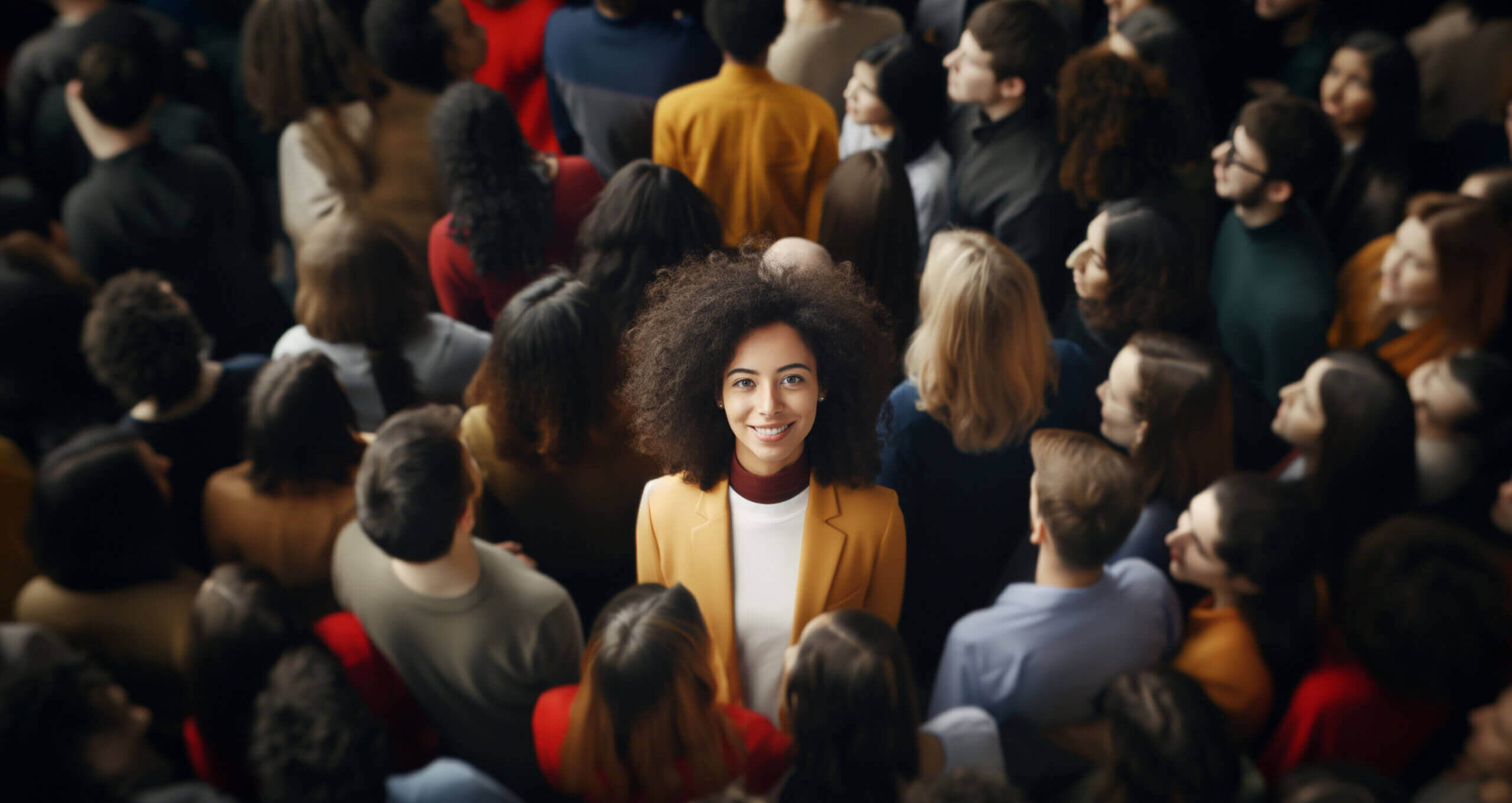 Smiling young woman with curly hair stands confidently in a crowd.