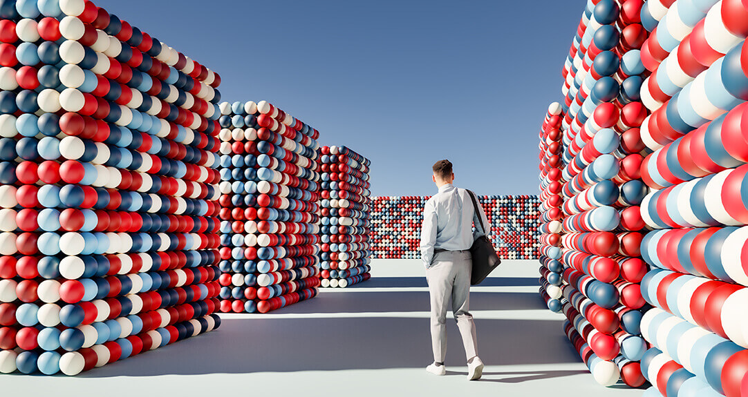 Businessman walking in abstract maze.